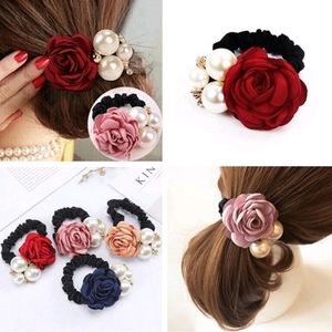 4 Pcs Korean Fashion Pearl Hair Rope Rose Flower Hair band Rhinestone Hair Ties